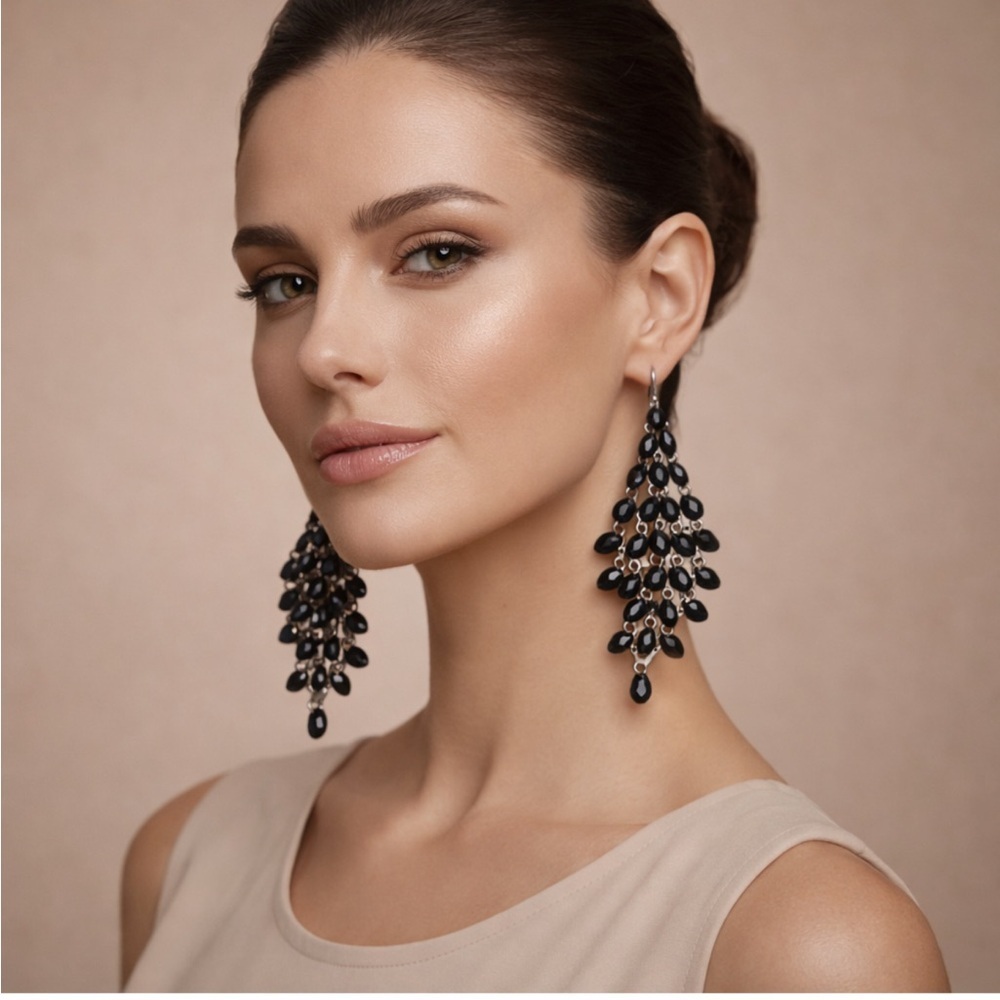 Vintage Western Germany Style Black Faceted Crystal Chandelier Earrings